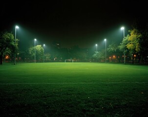 A soccer field is lit up at night with lights on the field