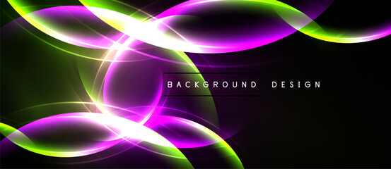 Abstract neon waves, vibrant colors, dynamic curves. Black background enhances luminosity, creating modern visual effect.