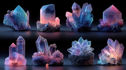 Neon crystal formations in 3D showcasing glowing geometric structures, vibrant neon colors for digital art, NFT collections, and futuristic design projects.