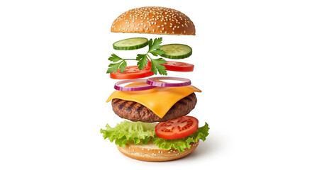 Delicious burger explosion for foodies, showcasing juicy ingredients in a tasty levitation effect perfect for restaurant promotions and culinary designs