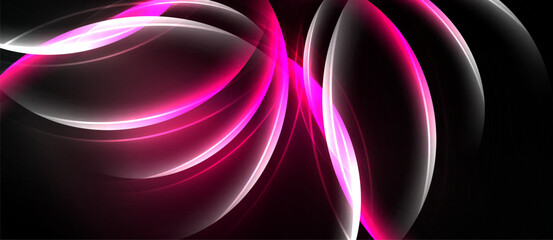 Abstract design features vibrant pink, white curves against black background. Flowing shapes create dynamic visual impact.