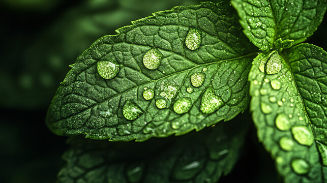 Fresh mint leaves glistening with dew drops evoke summer freshness