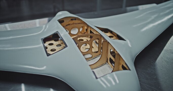 Close Up Inner Shell of Military Grade UAV Clearly Visible With Its Structural Frame, Prepared For Integration of Electronics and Payload. Concept of Assembly Readiness in Production Process.