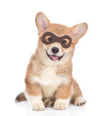 Happy Red Pembroke Welsh Corgi puppy dressed like a burglar or superhero with eye mask looking at camera. isolated on white background