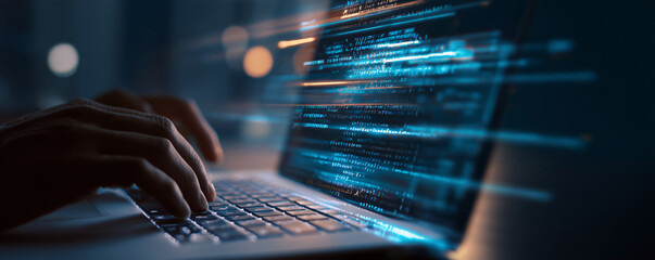 Digital transformation, IoT, Internet of Things, Software technology development concept. Software engineer coding on laptop computer with innovation technology interface