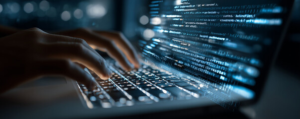 Digital transformation, IoT, Internet of Things, Software technology development concept. Software engineer coding on laptop computer with innovation technology interface