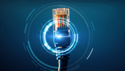Digital Connection: An Ethernet cable, its vibrant blue hue illuminated within a conceptual digital interface, symbolizes seamless connectivity.