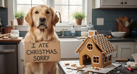 Naughty golden retriever regretting eating the gingerbread house on Christmas Eve in a bright kitchen, a funny and heartwarming holiday scene