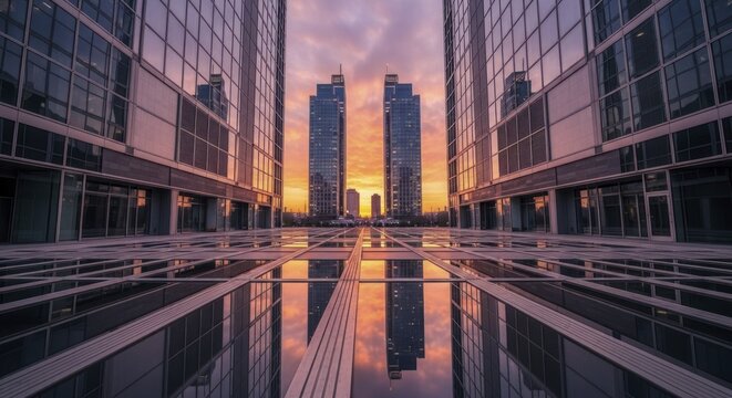 Symmetrical modern office towers reflect in the wet plaza pavement during a dramatic sunset