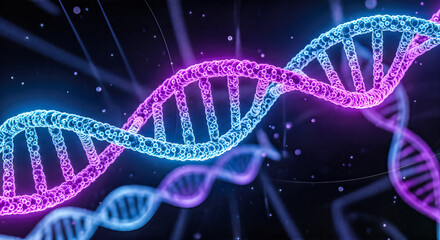 3d illustration dna spiral structure glowing neon blue pink light biology science medical research genetic code evolution molecular background abstract biotechnology