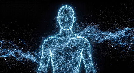 3d render abstract digital human body glowing particles lines connecting forming silhouette figure technology science artificial intelligence medical network background blue