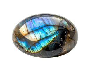 Iridescent gemstone cabochon shines with blue, gold flashes