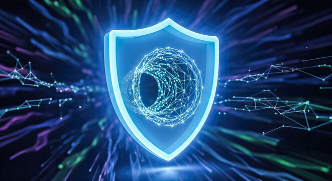 3d illustration blue glowing security shield symbol digital wireframe tunnel inside representing safe internet connection vpn protection cyber defense technology concept