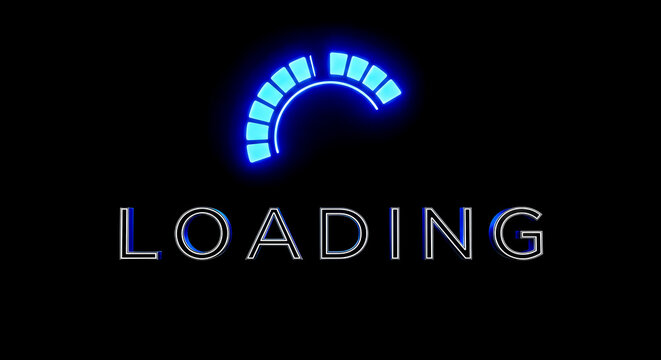 neon blue loading progress bar text symbol glowing dial isolated black background internet download speed waiting website interface system update