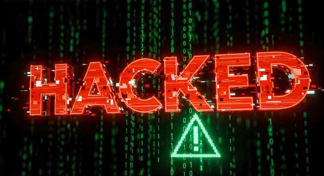 hacked text red glitch effect green binary code background warning triangle digital cyber crime virus malware data theft security breach - Powered by Adobe