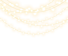 Warm glowing string lights with soft bokeh effect on transparent background, festive illumination decoration