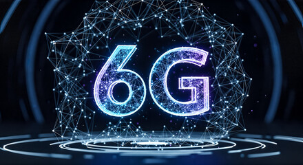 3d illustration 6g text symbol glowing digital polygon sphere network background future wireless communication technology internet speed connection system concept