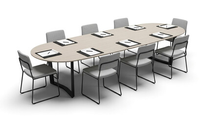 Stylish conference room setup invites collaborative meetings and productive discussions around modern oval table with gray chairs, perfect for professional workspace