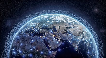 3d rendering planet earth glowing network connection lines orbit space background global communication technology internet digital system data exchange concept