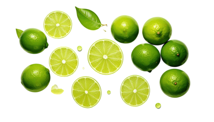 Limes whole and sliced with green leaf
