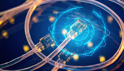 Data Connection in Cyberspace: High-tech wires and glowing digital interface visualize the digital realm of network connectivity, representing global connection.