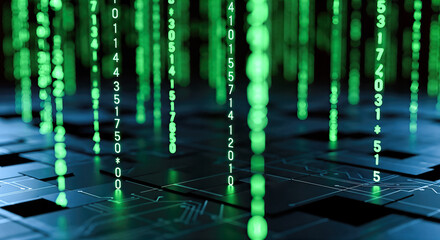 3d illustration green binary matrix code falling digital circuit board background abstract cyber security technology data flow software programming hacker concept