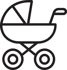 A simplified line art illustration of a baby stroller, designed in a clean, minimalist style.