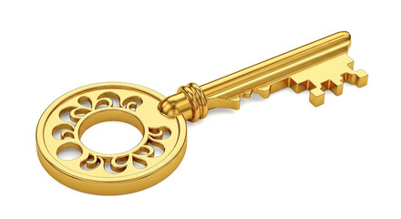 3d rendering antique ornamental golden key isolated white background vintage metal object symbol success security wealth estate home unlocking opportunity
