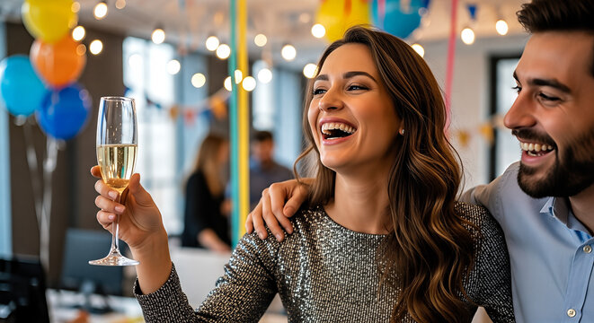 happy young diverse colleagues celebrating office party holding champagne glasses laughing smiling corporate business event success team building background lifestyle