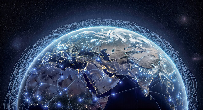 3d rendering planet earth glowing network connection lines orbit space background global communication technology internet digital system data exchange concept