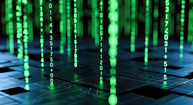 3d illustration green binary matrix code falling digital circuit board background abstract cyber security technology data flow software programming hacker concept
