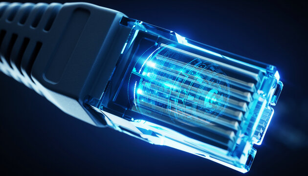 Network Connectivity: A close-up shot of a network cable with vibrant blue illumination, symbolizing the flow of data. Emphasizing the significance of connectivity in the modern world.