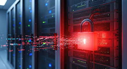3d illustration glowing red padlock server room rack background cyber security data protection...