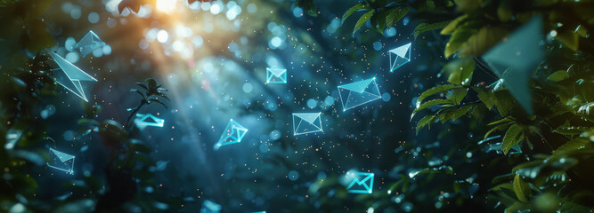 Obraz premium Envelopes in the Enchanted Forest: Glimmering ethereal envelopes drift gently through a verdant, sun-dappled forest, creating a sense of wonder and mystery