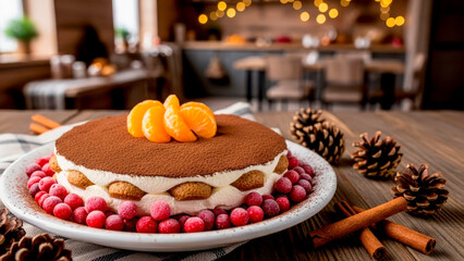 Fragrant tiramisu with cocoa, mandarin slices, and cranberries on a wooden kitchen table among pine cones and cinnamon sticks. A cozy, festive atmosphere with a delicious dessert.