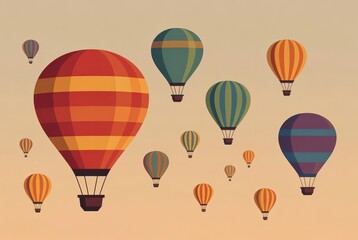 Multiple colorful hot air balloons rising over a scenic horizon

