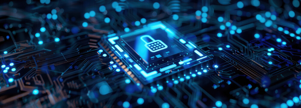 Cybersecurity: Illuminated Circuitry: Highlighting the core of digital security, the image portrays a glowing, intricate computer chip adorned with a lock symbol.