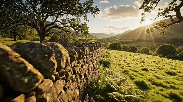 Sunny rural landscape with dry stone wall and rolling hills in the distance