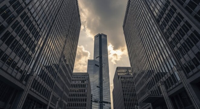 Towering modern skyscrapers frame a dramatic cloudy sky from a low perspective - Powered by Adobe