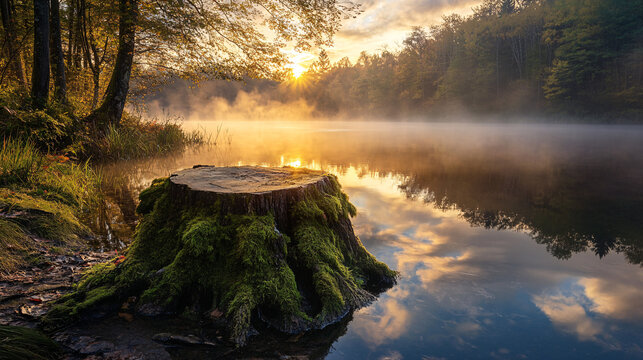 Sun rays shining on mossy tree stump at edge of calm lake during sunrise - Powered by Adobe