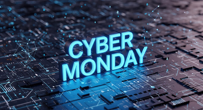 Cyber monday sale promotion banner with 3d blue neon text on dark futuristic computer motherboard background online shopping discount marketing offer technology concept