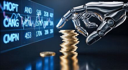 futuristic robot hand stacking gold coins next to digital stock market trading chart graph automated investment financial advisor technology artificial intelligence economy growth concept