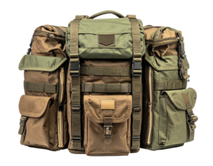 Multi-pocketed tactical olive/tan backpack, dark backdrop