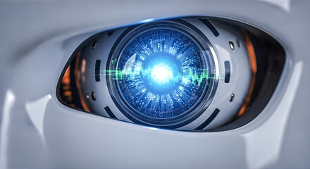 Close up of futuristic robot eye with blue glowing iris looking at camera concept artificial intelligence technology cybernetics vision surveillance security