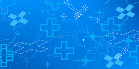 Medical health blue cross neon light shapes pattern background. Abstract healthcare technology and science concept.