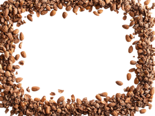 Natural border of small brown seeds and nuts encircling a transparent empty space
