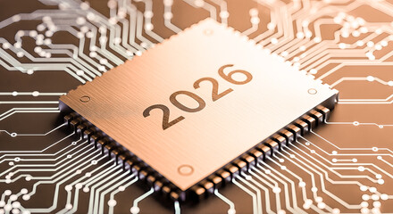 Golden computer processor chip with number 2026 on motherboard circuit future technology forecast trend new year hardware industry date concept digital