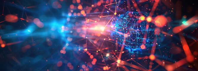 Digital Connectivity Abstract: This image delves into the core of digital innovation, showcasing a dynamic interplay of interconnected nodes and vibrant light.