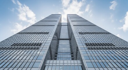 Obraz premium Modern glass skyscraper rises toward a bright, cloud-dotted blue sky