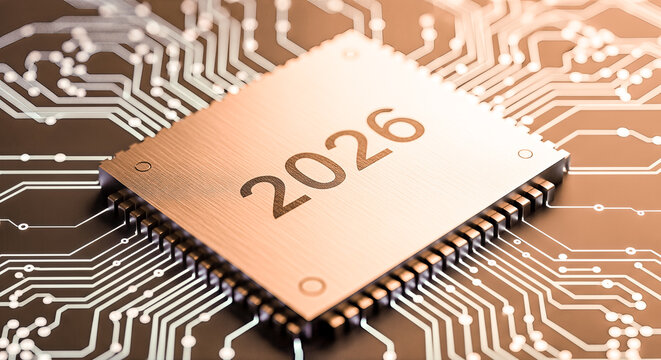 Golden computer processor chip with number 2026 on motherboard circuit future technology forecast trend new year hardware industry date concept digital